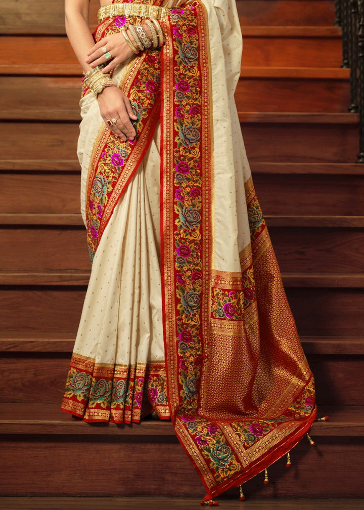 Cream White Banarasi Silk Saree With Jacquard Butti Weaving And Meenakari Border & Pallu - House of Sarvati LLC
