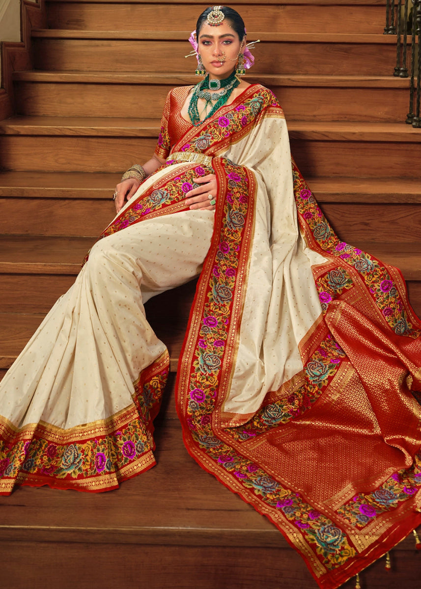 Cream White Banarasi Silk Saree With Jacquard Butti Weaving And Meenakari Border & Pallu - House of Sarvati LLC
