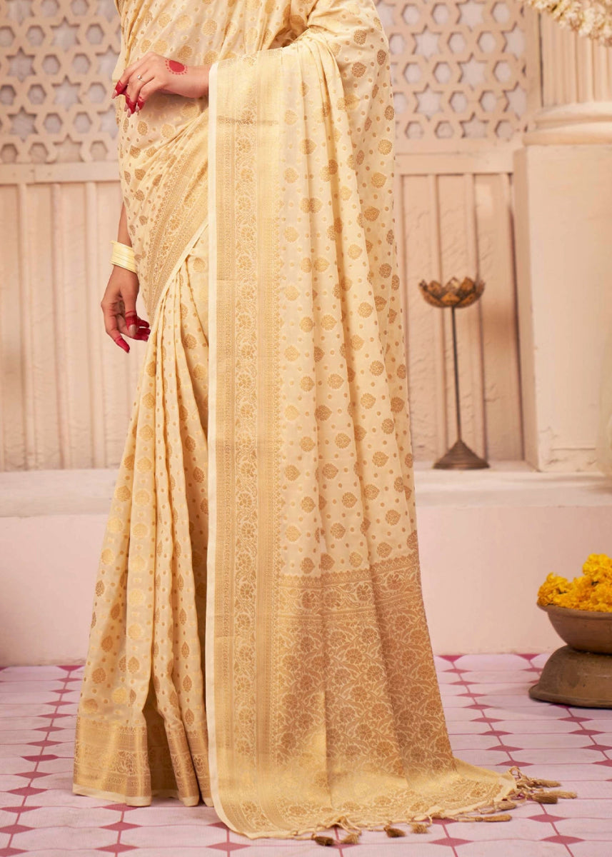 Cream White Banarasi - Style Saree in Georgette Silk with Zari Embellishments - House of Sarvati LLC