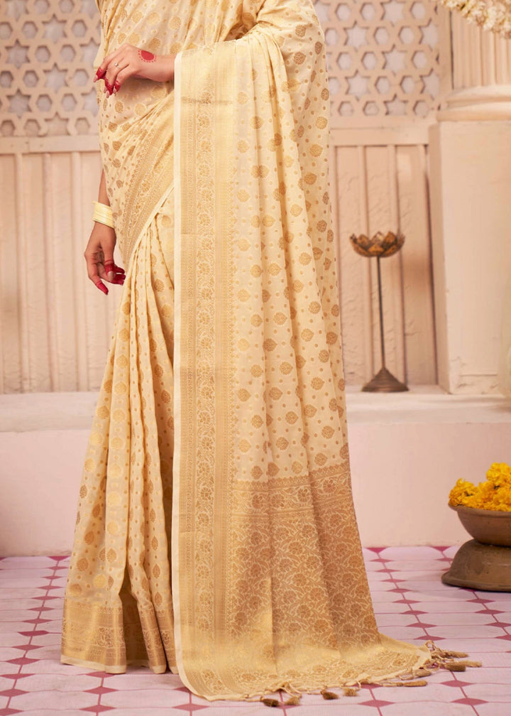 Cream White Banarasi - Style Saree in Georgette Silk with Zari Embellishments - House of Sarvati LLC