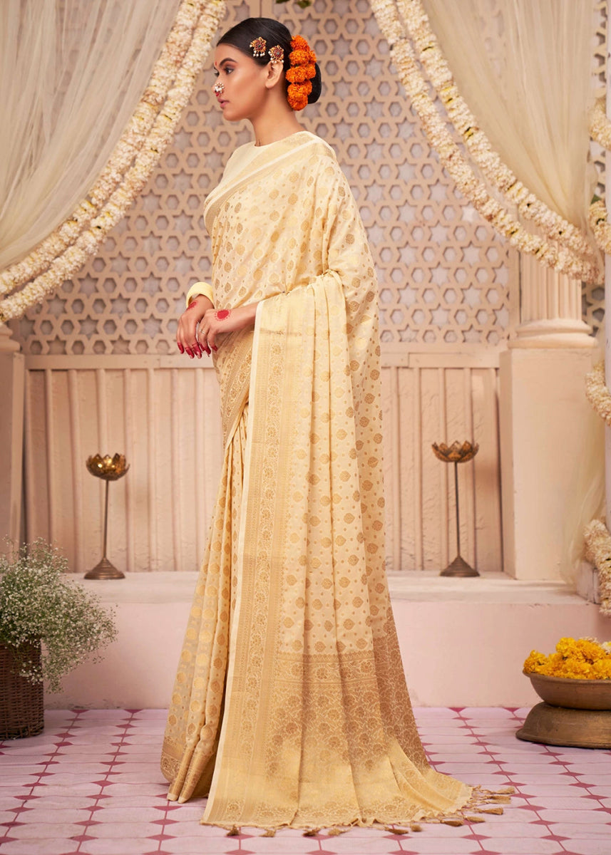 Cream White Banarasi - Style Saree in Georgette Silk with Zari Embellishments - House of Sarvati LLC
