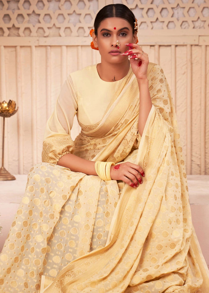 Cream White Banarasi - Style Saree in Georgette Silk with Zari Embellishments - House of Sarvati LLC