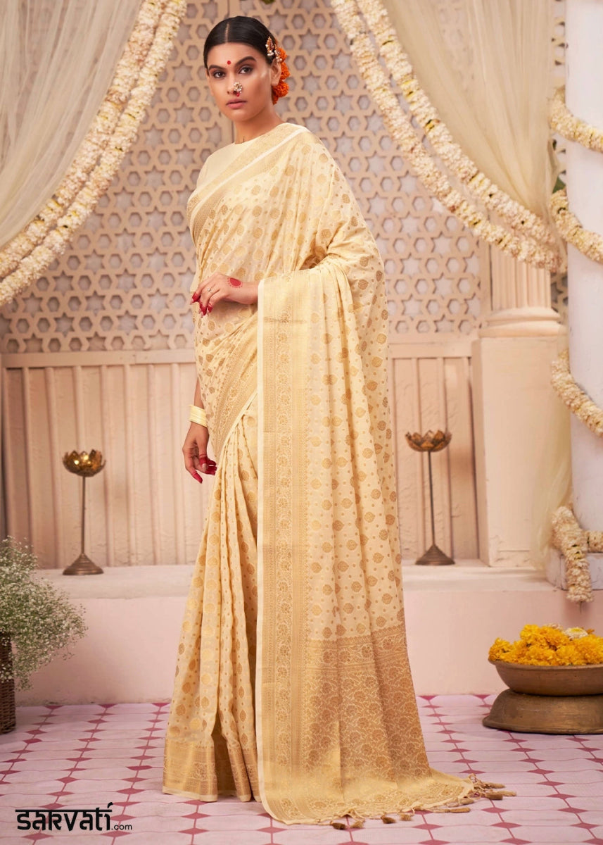 Cream White Banarasi - Style Saree in Georgette Silk with Zari Embellishments - House of Sarvati LLC