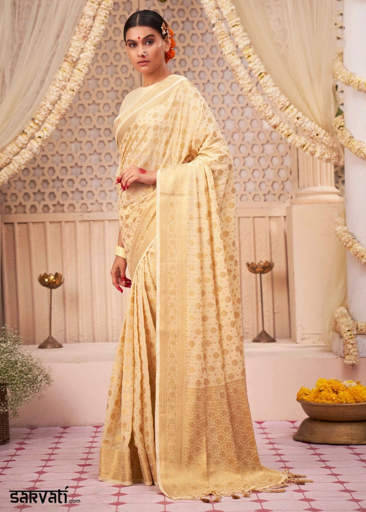 Cream White Banarasi - Style Saree in Georgette Silk with Zari Embellishments - House of Sarvati LLC