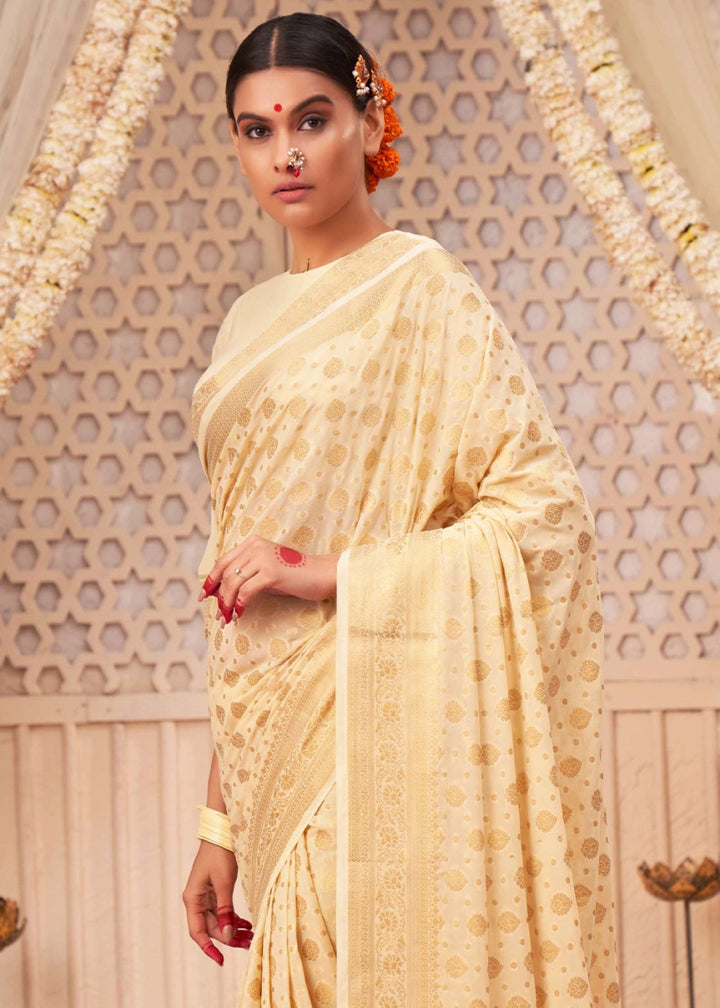 Cream White Banarasi - Style Saree in Georgette Silk with Zari Embellishments - House of Sarvati LLC