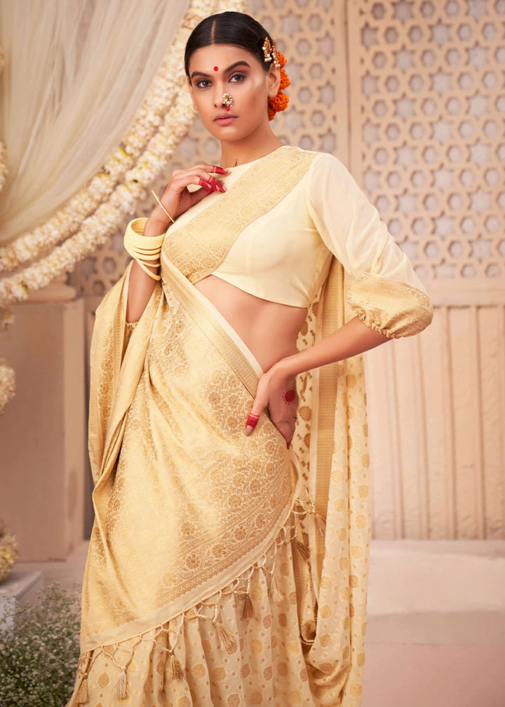 Cream White Banarasi - Style Saree in Georgette Silk with Zari Embellishments - House of Sarvati LLC