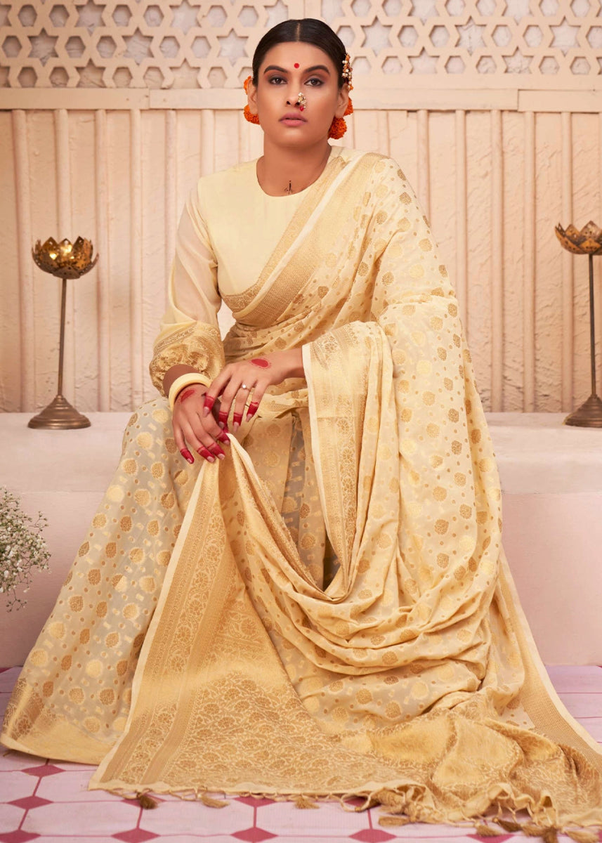 Cream White Banarasi - Style Saree in Georgette Silk with Zari Embellishments - House of Sarvati LLC