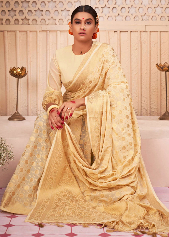 Cream White Banarasi - Style Saree in Georgette Silk with Zari Embellishments - House of Sarvati LLC