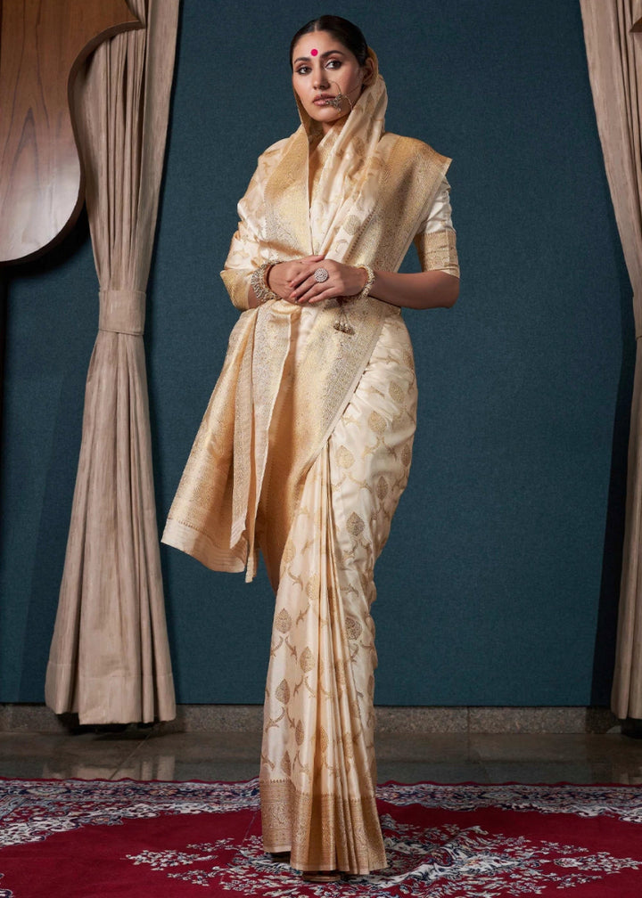 Cream White Banarasi - Style Satin Silk Saree with Zari work - House of Sarvati LLC