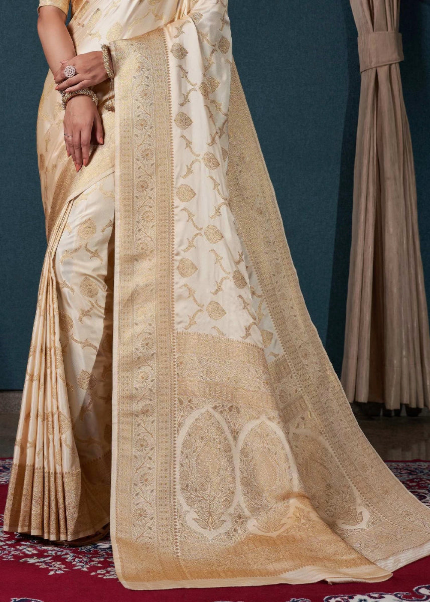 Cream White Banarasi - Style Satin Silk Saree with Zari work - House of Sarvati LLC