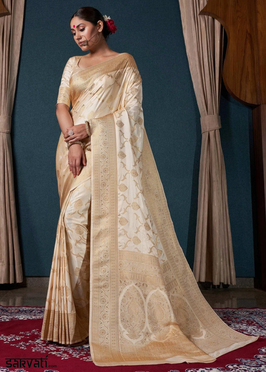 Cream White Banarasi - Style Satin Silk Saree with Zari work - House of Sarvati LLC