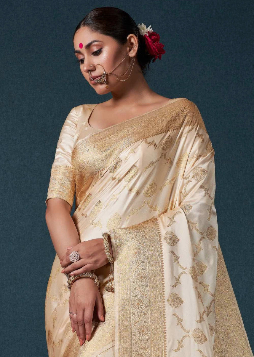 Cream White Banarasi - Style Satin Silk Saree with Zari work - House of Sarvati LLC