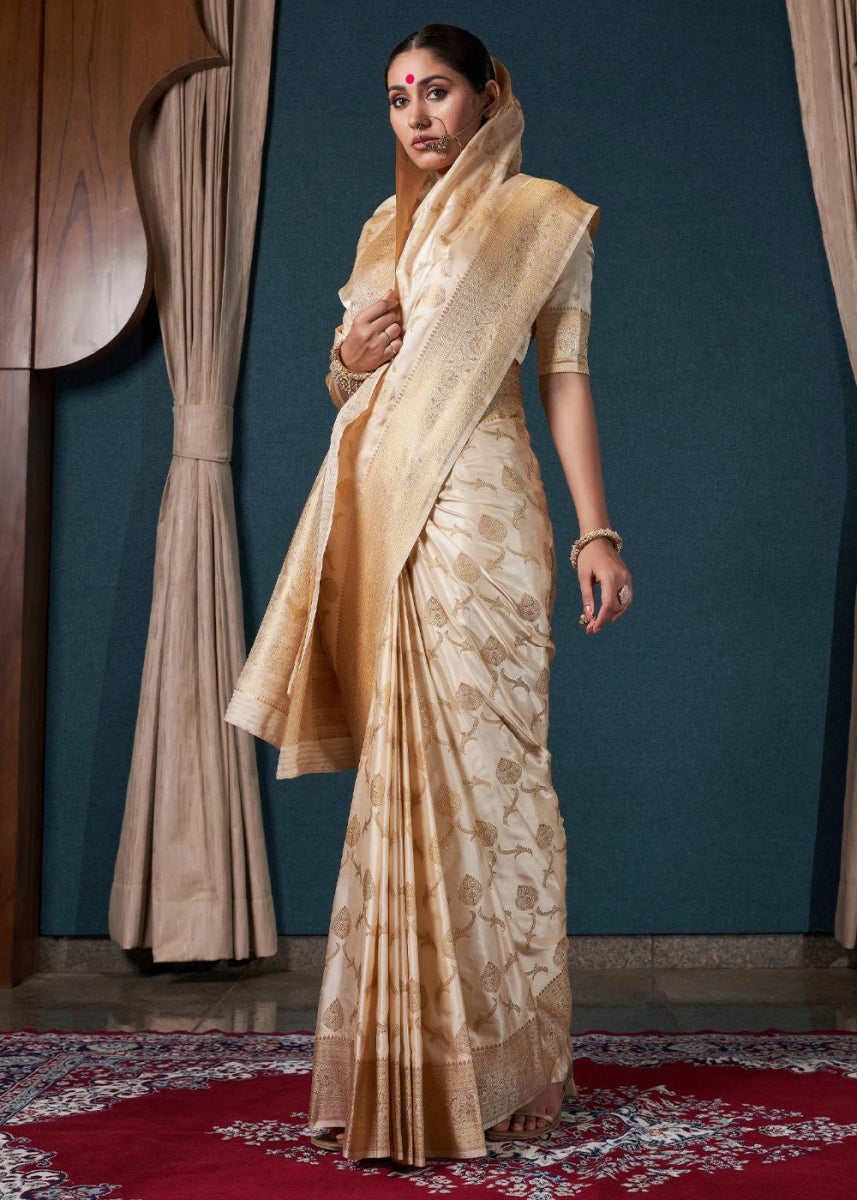 Cream White Banarasi - Style Satin Silk Saree with Zari work - House of Sarvati LLC