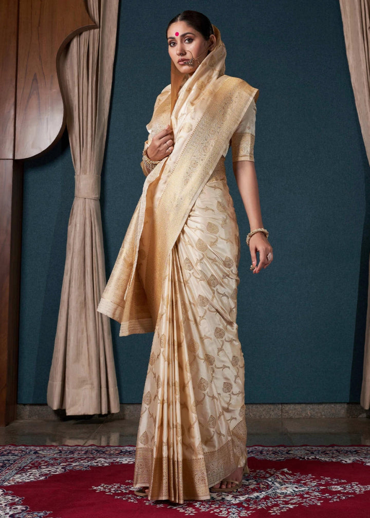 Cream White Banarasi - Style Satin Silk Saree with Zari work - House of Sarvati LLC