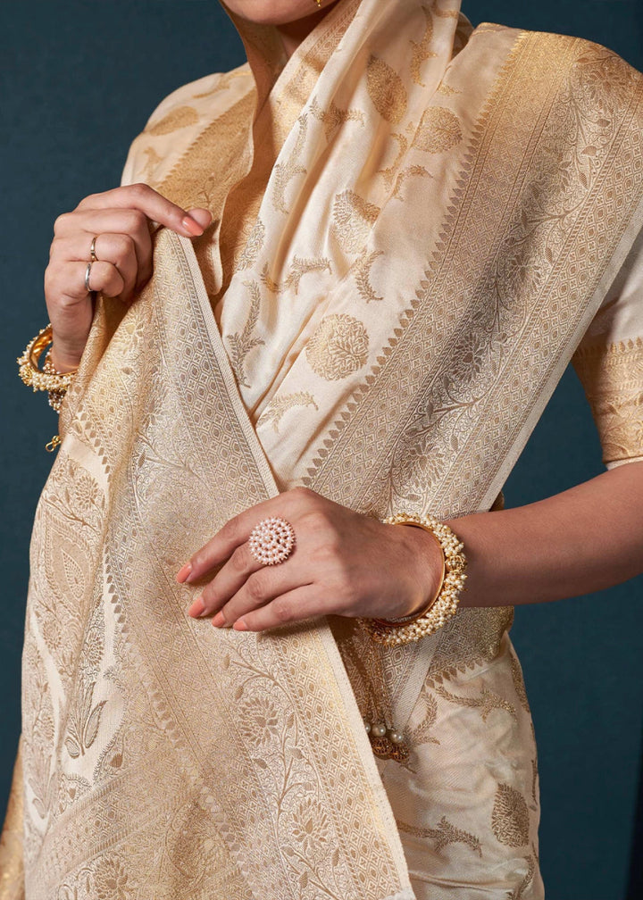 Cream White Banarasi - Style Satin Silk Saree with Zari work - House of Sarvati LLC