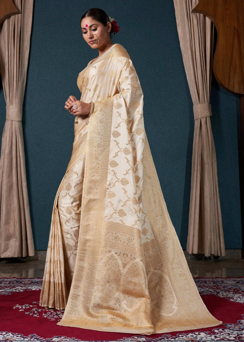 Cream White Banarasi - Style Satin Silk Saree with Zari work - House of Sarvati LLC