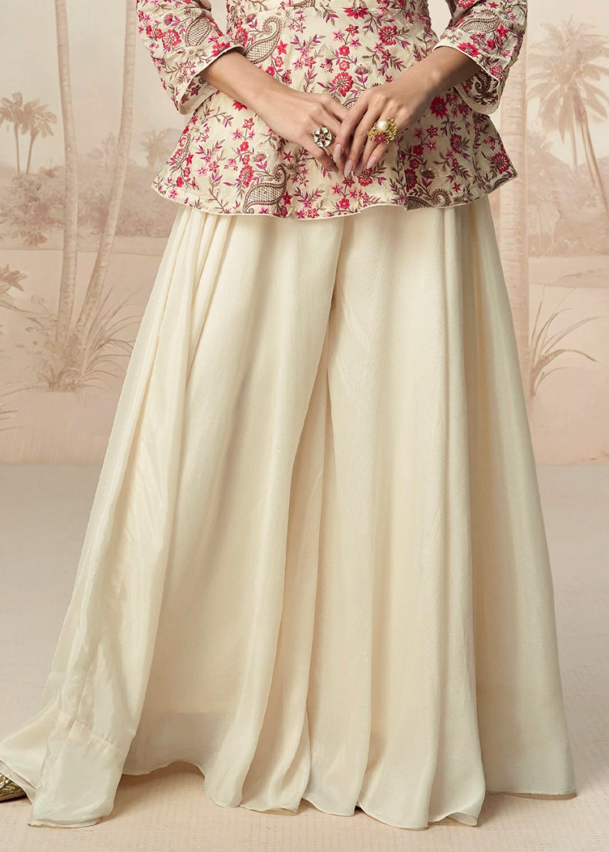 Cream White Chinon Silk Palazzo Set with Pastel Floral Embroidery - House of Sarvati LLC