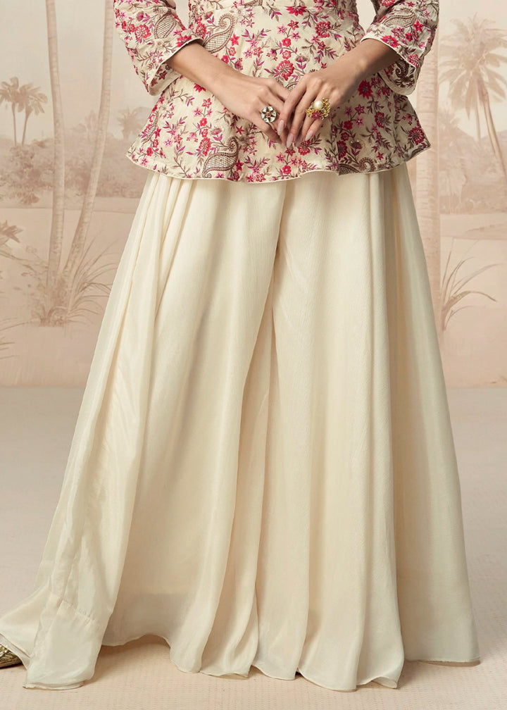 Cream White Chinon Silk Palazzo Set with Pastel Floral Embroidery - House of Sarvati LLC