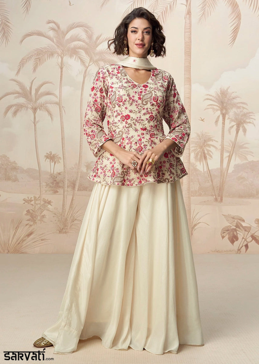 Cream White Chinon Silk Palazzo Set with Pastel Floral Embroidery - House of Sarvati LLC