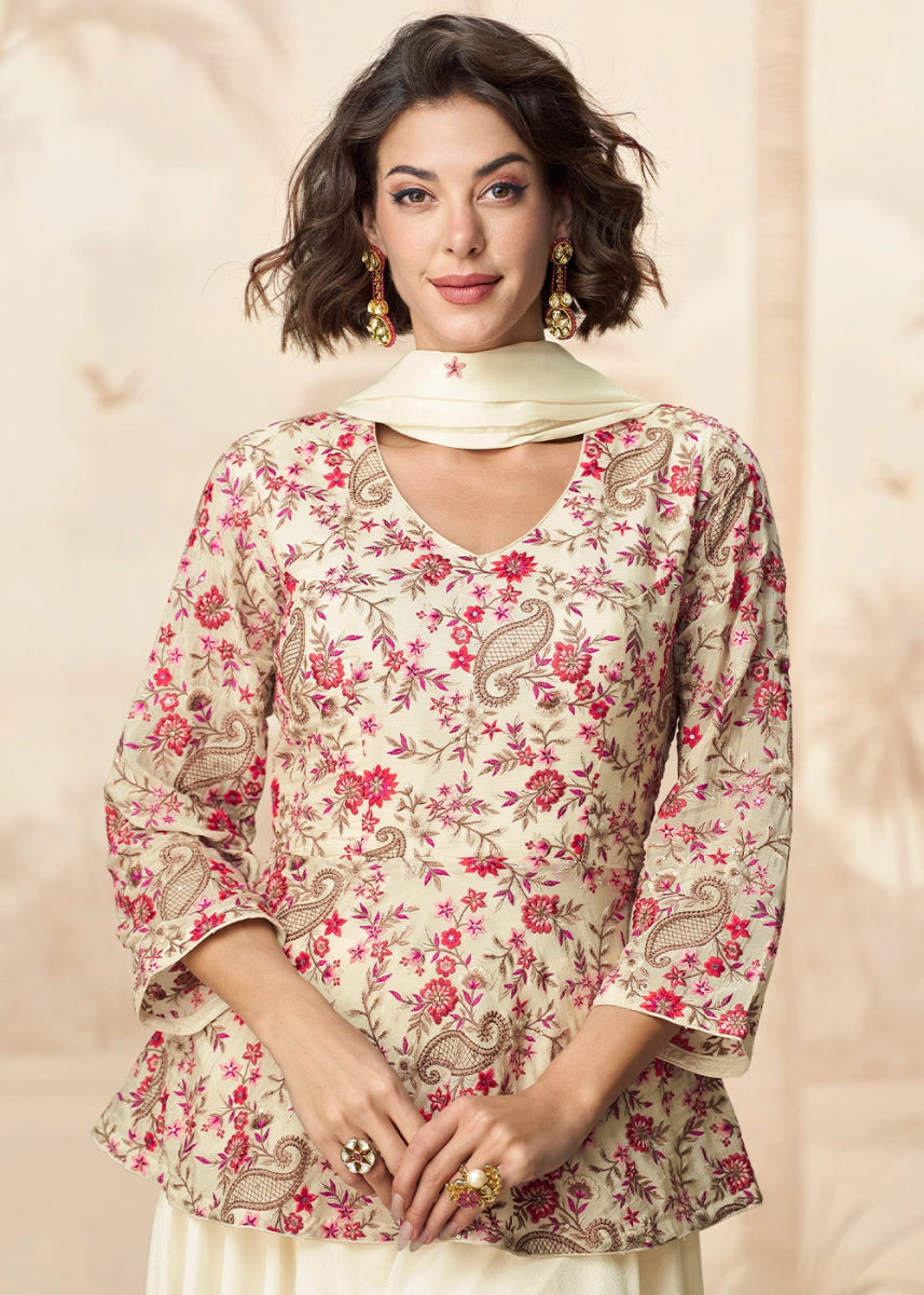 Cream White Chinon Silk Palazzo Set with Pastel Floral Embroidery - House of Sarvati LLC