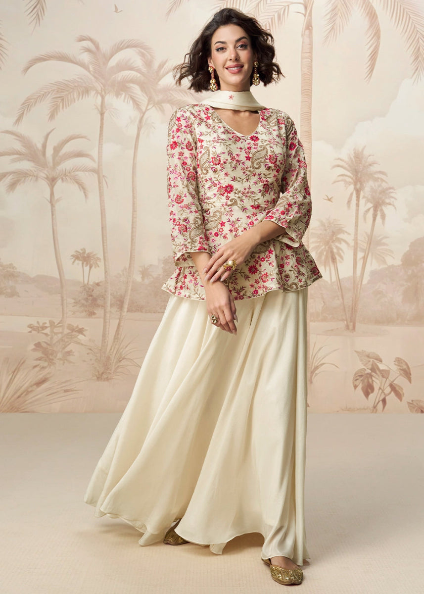 Cream White Chinon Silk Palazzo Set with Pastel Floral Embroidery - House of Sarvati LLC