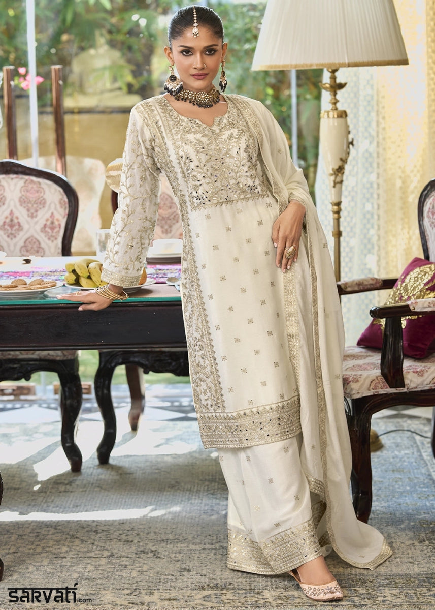 Cream White Chinon Silk Palazzo Suit with Elegant Thread Embellishments - House of Sarvati LLC