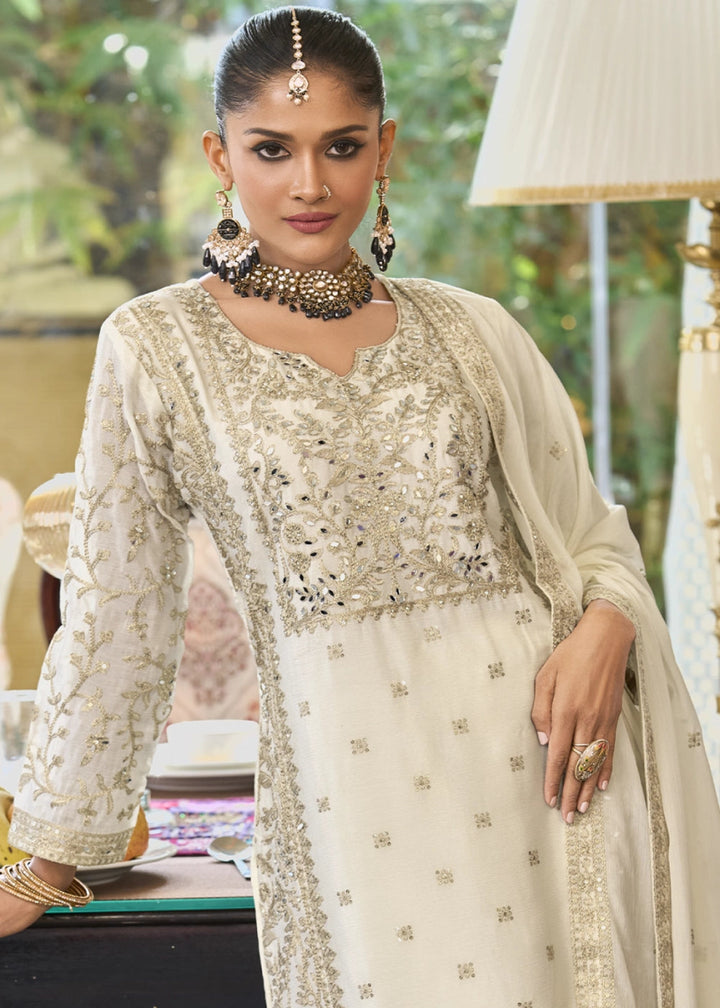 Cream White Chinon Silk Palazzo Suit with Elegant Thread Embellishments - House of Sarvati LLC
