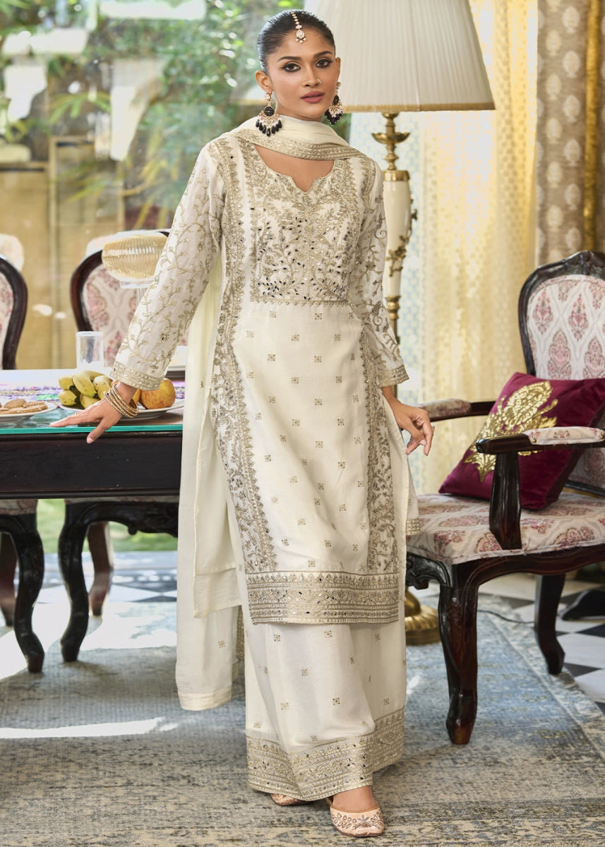 Cream White Chinon Silk Palazzo Suit with Elegant Thread Embellishments - House of Sarvati LLC