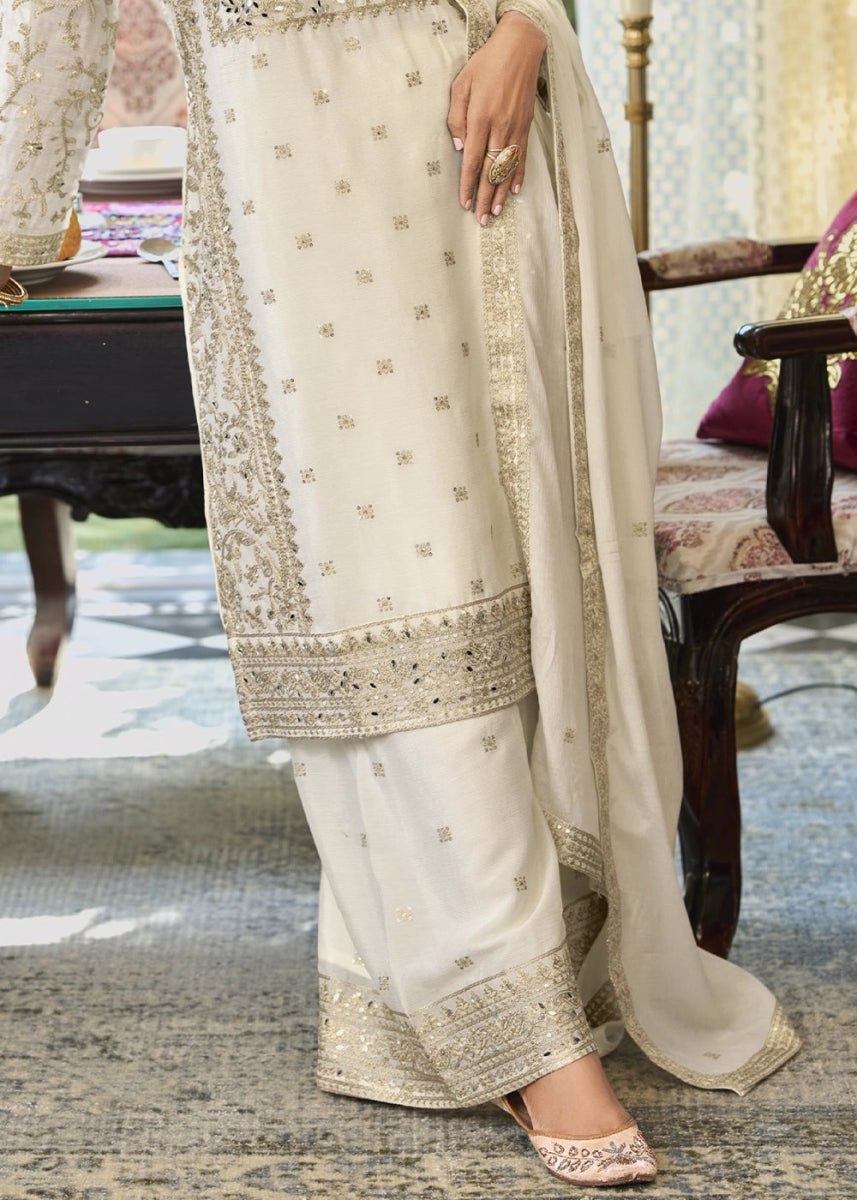 Cream White Chinon Silk Palazzo Suit with Elegant Thread Embellishments - House of Sarvati LLC