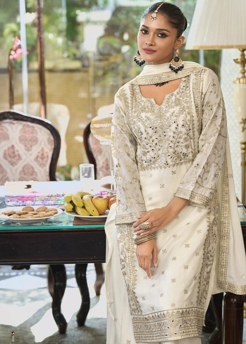 Cream White Chinon Silk Palazzo Suit with Elegant Thread Embellishments - House of Sarvati LLC
