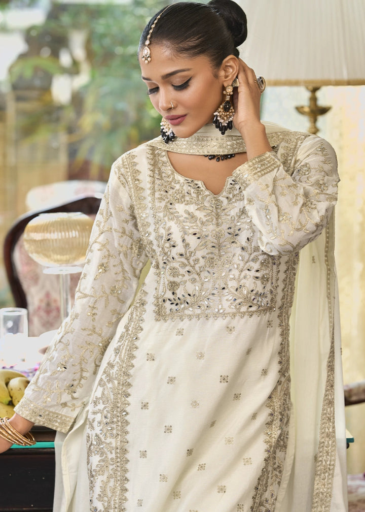 Cream White Chinon Silk Palazzo Suit with Elegant Thread Embellishments - House of Sarvati LLC