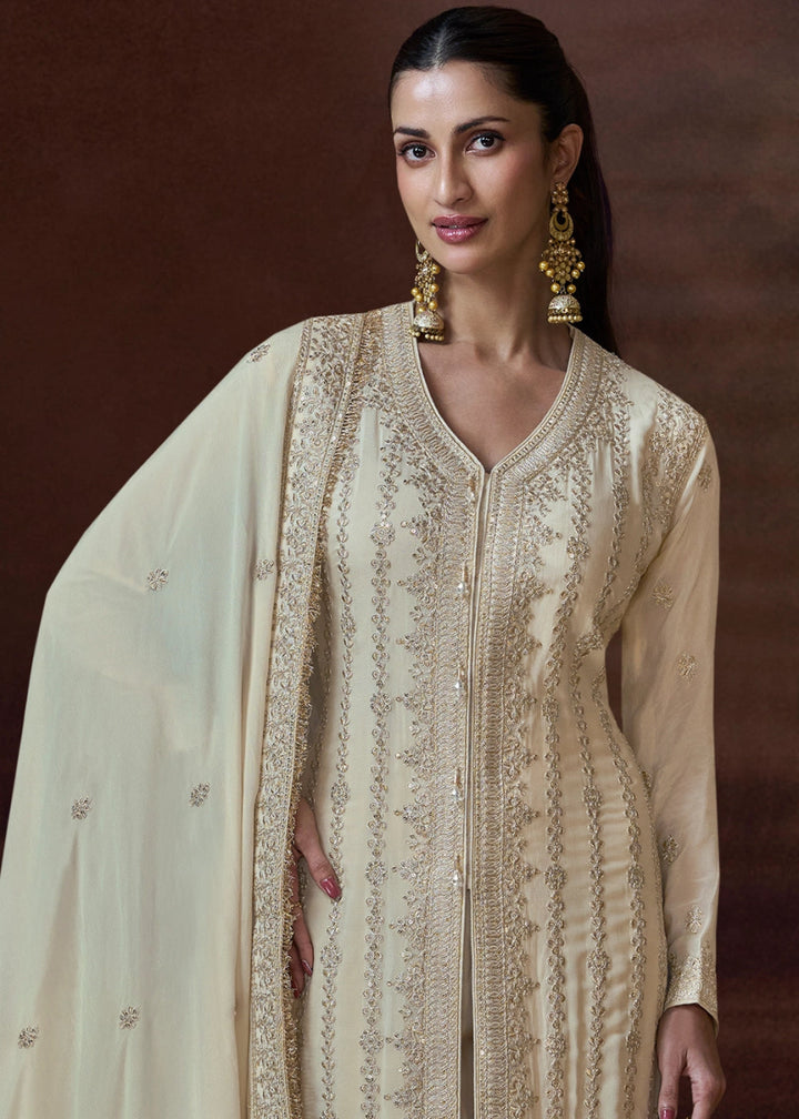 Cream White Chinon Silk Pant Suit with Intricate Embroidery: Eid Edition - House of Sarvati LLC
