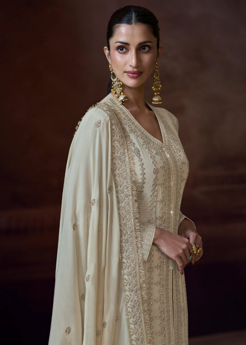Cream White Chinon Silk Pant Suit with Intricate Embroidery: Eid Edition - House of Sarvati LLC