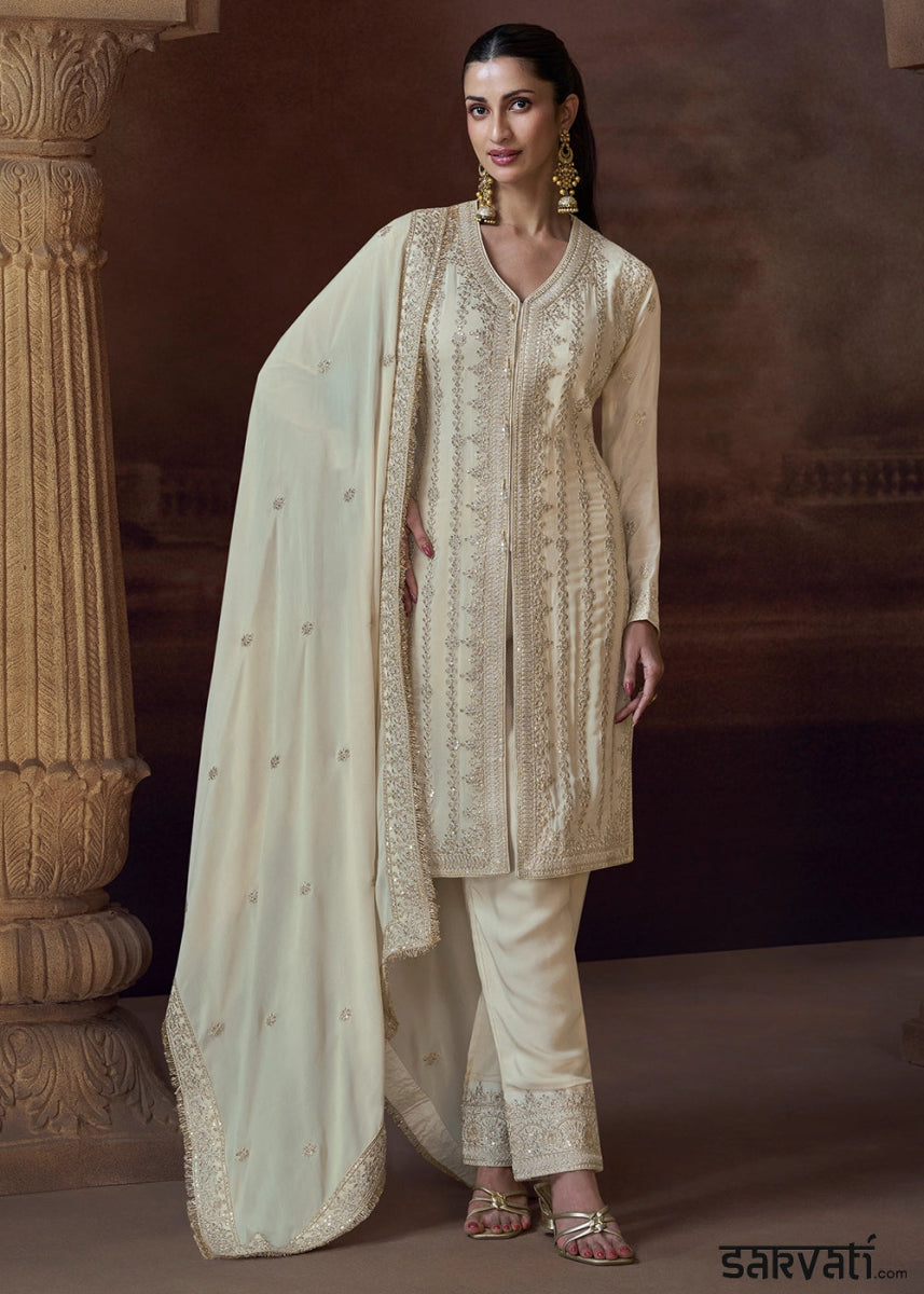 Cream White Chinon Silk Pant Suit with Intricate Embroidery: Eid Edition - House of Sarvati LLC