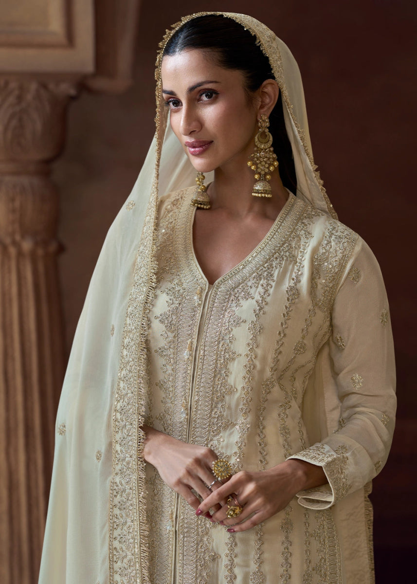 Cream White Chinon Silk Pant Suit with Intricate Embroidery: Eid Edition - House of Sarvati LLC