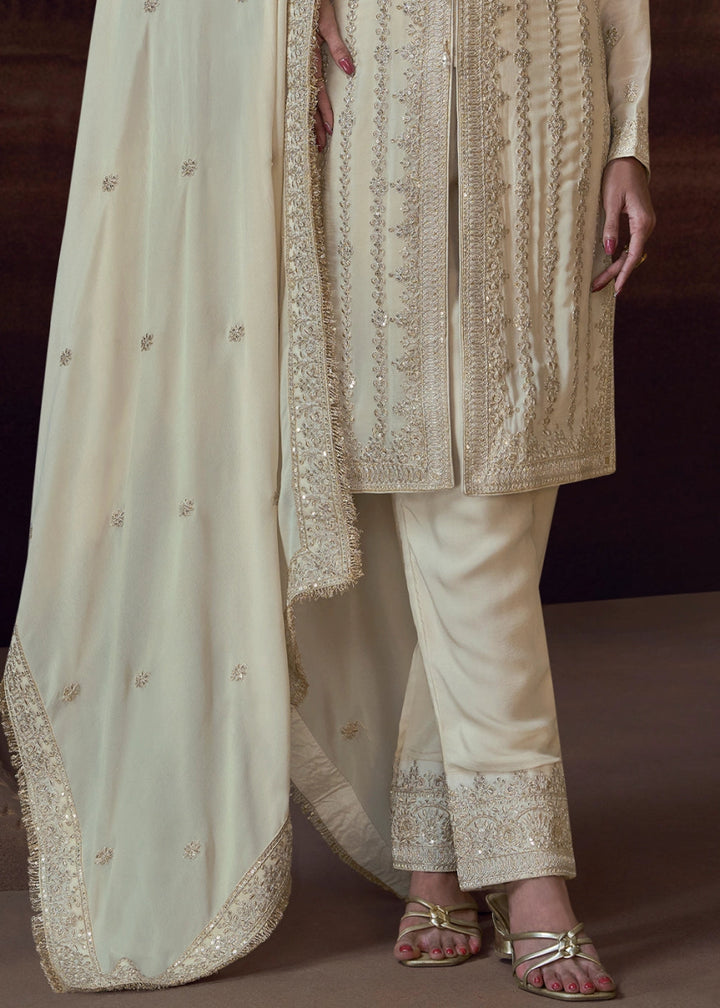 Cream White Chinon Silk Pant Suit with Intricate Embroidery: Eid Edition - House of Sarvati LLC