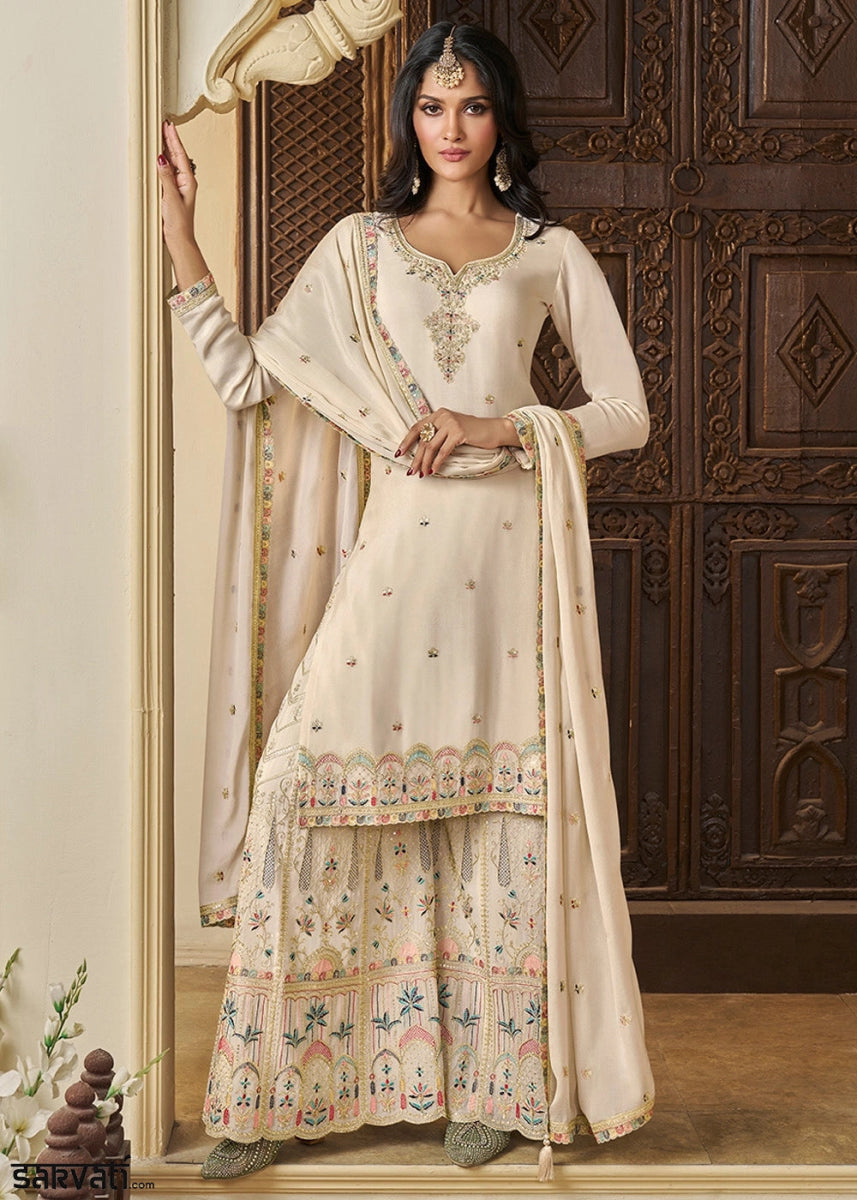 Cream White Chinon Silk Sharara Suit with Intricate Multi Thread & Sequin Embroidery - House of Sarvati LLC