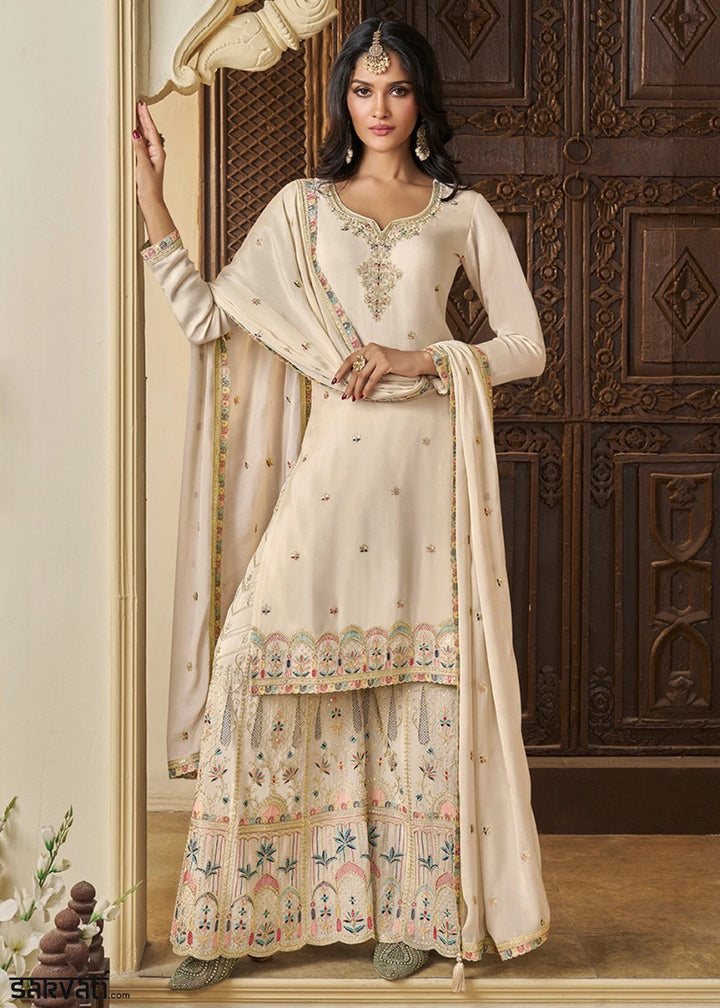 Cream White Chinon Silk Sharara Suit with Intricate Multi Thread & Sequin Embroidery - House of Sarvati LLC