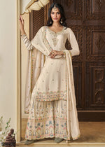 Cream White Chinon Silk Sharara Suit with Intricate Multi Thread & Sequin Embroidery - House of Sarvati LLC
