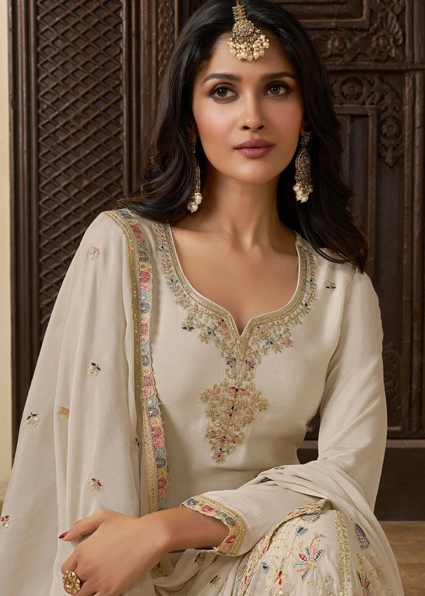 Cream White Chinon Silk Sharara Suit with Intricate Multi Thread & Sequin Embroidery - House of Sarvati LLC
