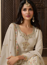Cream White Chinon Silk Sharara Suit with Intricate Multi Thread & Sequin Embroidery - House of Sarvati LLC