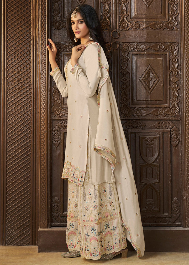 Cream White Chinon Silk Sharara Suit with Intricate Multi Thread & Sequin Embroidery - House of Sarvati LLC
