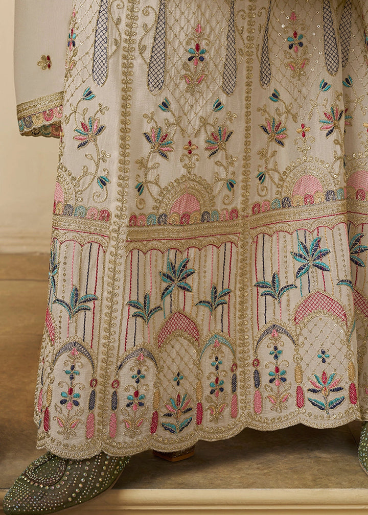 Cream White Chinon Silk Sharara Suit with Intricate Multi Thread & Sequin Embroidery - House of Sarvati LLC