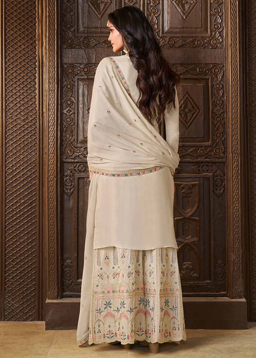 Cream White Chinon Silk Sharara Suit with Intricate Multi Thread & Sequin Embroidery - House of Sarvati LLC