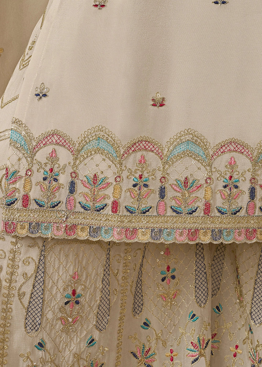 Cream White Chinon Silk Sharara Suit with Intricate Multi Thread & Sequin Embroidery - House of Sarvati LLC