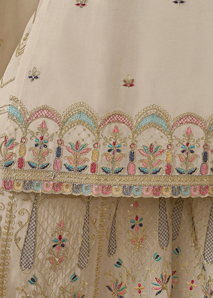 Cream White Chinon Silk Sharara Suit with Intricate Multi Thread & Sequin Embroidery - House of Sarvati LLC