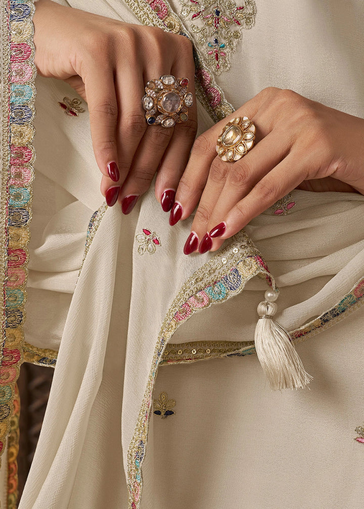 Cream White Chinon Silk Sharara Suit with Intricate Multi Thread & Sequin Embroidery - House of Sarvati LLC