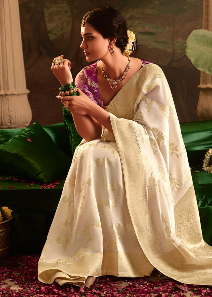 Cream White Crepe Dola Silk Saree with Rich Zari Weaving - House of Sarvati LLC