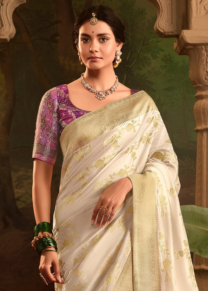 Cream White Crepe Dola Silk Saree with Rich Zari Weaving - House of Sarvati LLC