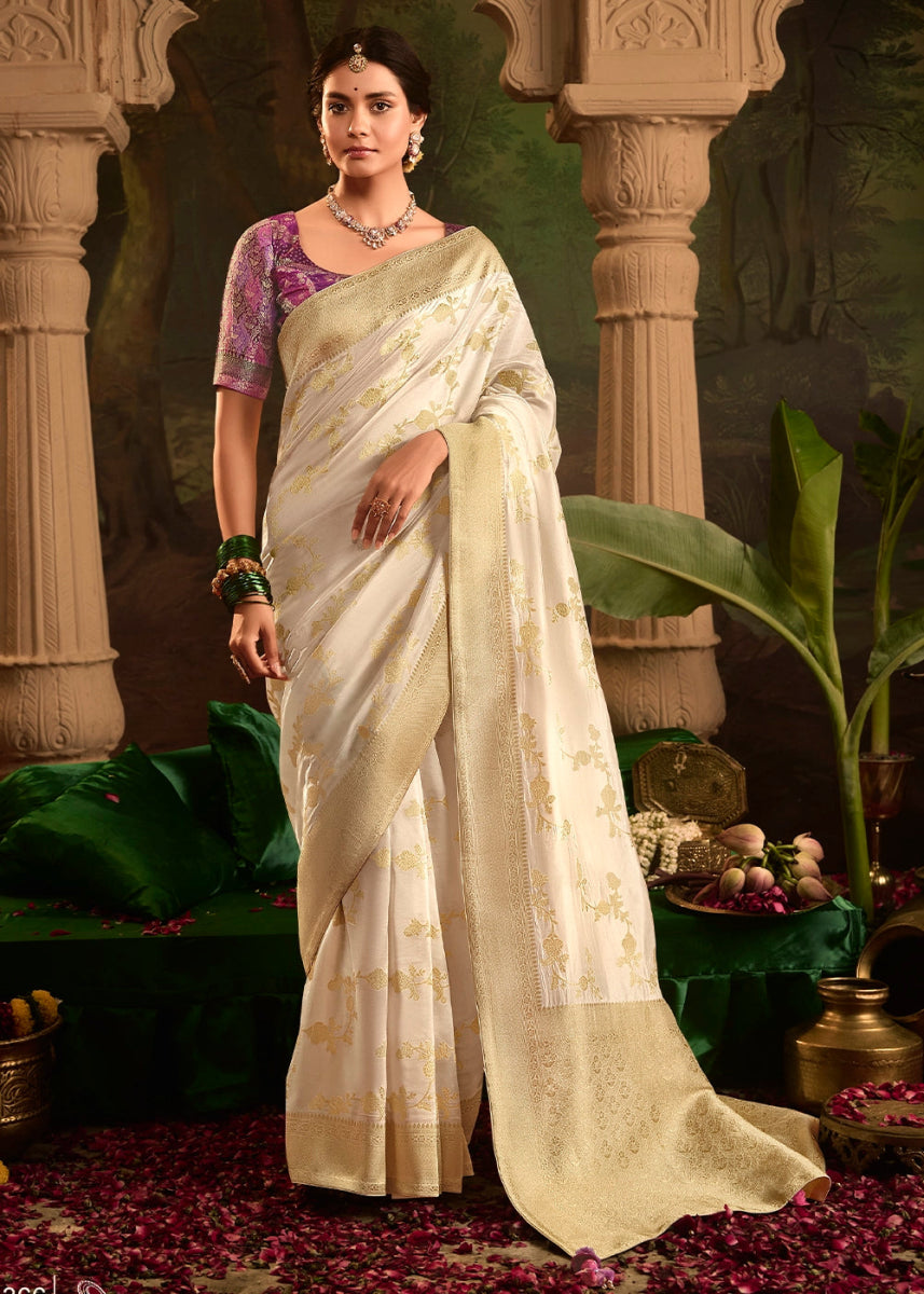 Cream White Crepe Dola Silk Saree with Rich Zari Weaving - House of Sarvati LLC
